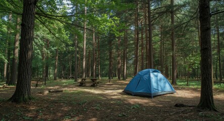 Single camping tent situated in a forest clearing with ample tree coverage