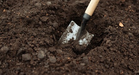 Digging rich soil with garden shovel for planting flowers