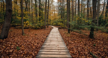 Naklejka premium Outdoor wooden footpath in forest glade celebrating seasonal transition awareness