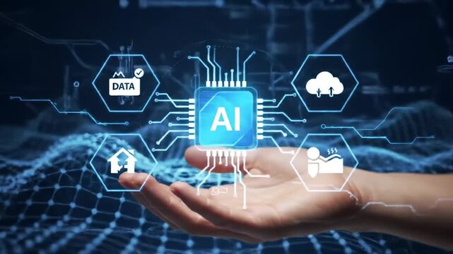 AI in Human Hands: A symbolic representation of artificial intelligence cradled in the palm of a hand, surrounded by interconnected icons suggesting the far-reaching influence of technology. 