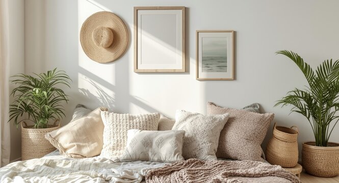Sunlit coastal boho bedroom wall mockup with textured cushions and relaxed vibe