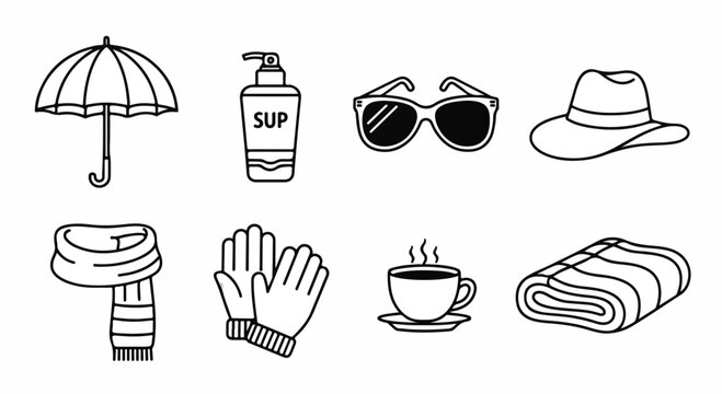 Essential items for a day out in various weather conditions Vector