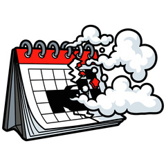 Overdue Deadline Calendar Torn Apart with Smoke, Time Pressure, Stressful Situation, Vector Illustration
