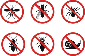 No insects pest control prohibition icons set, mosquito fly spider ant snail warning signs, red circle symbols illustration © MdNurAlam