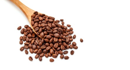 Obraz premium Wooden spoon filled with roasted cocoa beans on plain white background