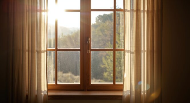Sunshine bathing a room through a large timber window complemented by flowing curtains and blurred vista