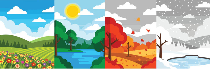 Obraz premium A serene collage of four seasonal landscape scenes showcasing nature's transition through the year