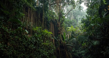 Lush tropical plant wall with trailing epiphytes and dense canopy in humid rainforest