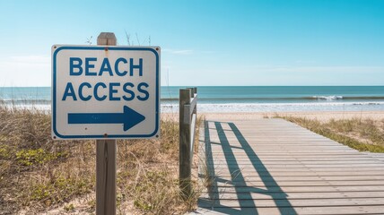 White beach access sign with blue text and arrow pointing to sandy shoreline and ocean under clear blue sky on
