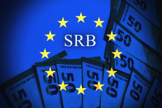 Euro bills with European Union flag overlay and &ldquo;SRB&rdquo; lettering. Concept image illustrating European banking resolution, SRB authority, and financial regulation.