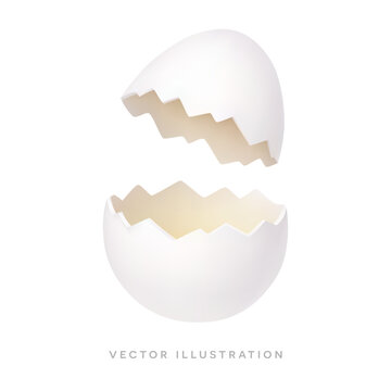 Broken Easter egg shell isolated on white background. Minimal 3D realistic icon vector illustration of cracked egg