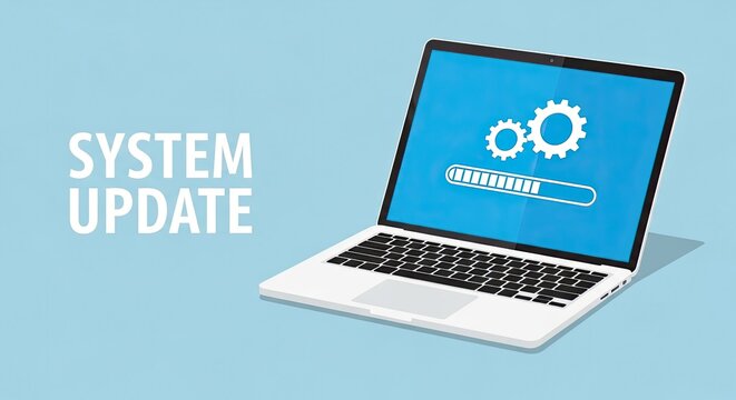 Laptop undergoing system update with progress bar on screen