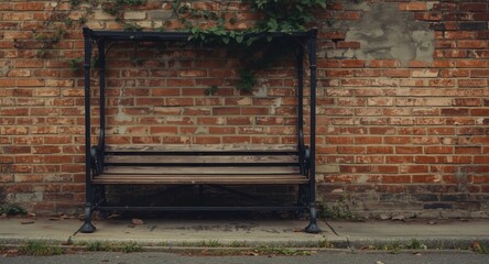 Open-air seating bench located next to a vintage brick facade
