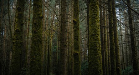 Obraz premium Woodland scene of trees clustered with moss covered trunks creating vibrant textures