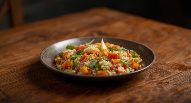 White rice and vibrant vegetable Tabula salad served with Mehshi kusa on a traditional wood table
