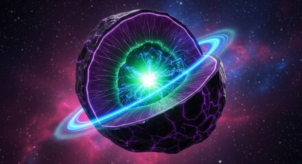Obraz premium Cracked cosmic sphere with energetic core and glowing ring in space