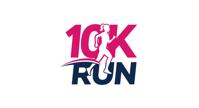 10K Running Event Logo with Female Runner Silhouette and Vibrant Text