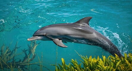 Obraz premium Excited dolphin bounding through sparkling ocean with green aquatic plants in full length summer view