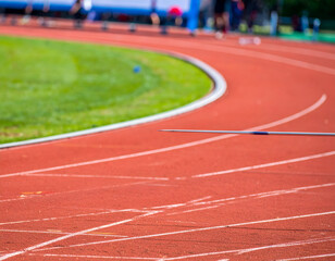 Javelin throw preparation on a sports track during an athletic competition, determination and skill in athletics.