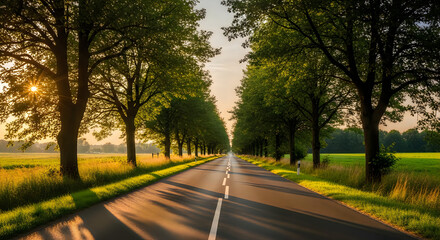 Obraz premium Long straight road through green trees and grassy fields at sunrise or sunset time
