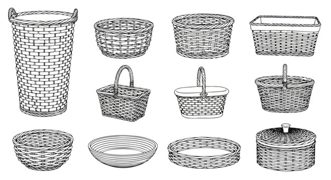 Assorted wicker baskets displayed in a variety of shapes and sizes Vector