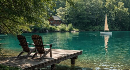 Fototapeta premium Tranquil lakeside summer portrait with two chairs on dock, boat by water, and cottage in woodland