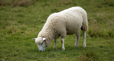 Obraz premium Happy Scottish domestic sheep grazing quietly on green meadow field