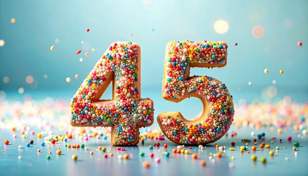 Number 45 made with candy sprinkles and nonpareils on solid background. Photo for birthday or anniversary party