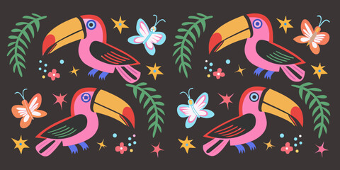 Fototapeta premium Colorful tropical toucans and butterflies on a dark background pattern
