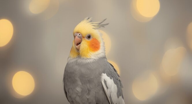 Lively Nymphicus hollandicus whistling amid glowing yellow and soft gray bokeh lights