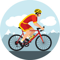 Fototapeta premium Cyclist with helmet and sunglasses riding a bicycle in cycling shorts and jersey. Red an d yellow flat design. Hand drawn vector illustration. Road with mountains.