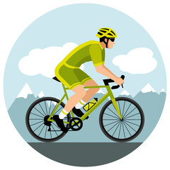 Fototapeta premium Cyclist with helmet and sunglasses riding a bicycle in cycling shorts and jersey. Green flat design. Hand drawn illustration. Road with mountains.