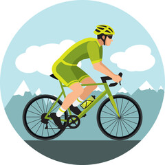 Fototapeta premium Cyclist with helmet and sunglasses riding a bicycle in cycling shorts and jersey. Green flat design. Hand drawn vector illustration. Road with mountains.