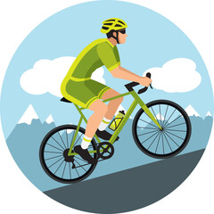 Fototapeta premium Cyclist with helmet and sunglasses riding a bicycle in cycling shorts and jersey climbing a mountain pass. Green flat design. Hand drawn vector illustration.