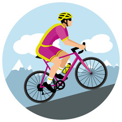 Fototapeta premium Cyclist with helmet and sunglasses riding a bicycle in cycling shorts and jersey climbing a mountain pass. Purple and acid green flat design. Hand drawn illustration.
