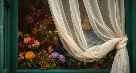 Scene of colorful flowers through a softly swaying curtain in green window