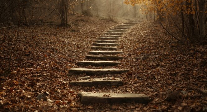Stone steps under a covering of dry leaves and natural ground debris
