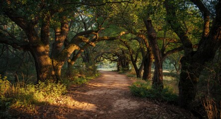 Obraz premium Trees casting shadows on a sun-dappled dirt path in a natural forest setting
