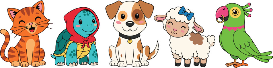 Obraz premium Cute Cartoon Animal Character Set Featuring Smiling Cat, Turtle in Hoodie, Spotted Dog, Fluffy Sheep, and Green Parrot for Kids Education and Nursery Wall Art Designs