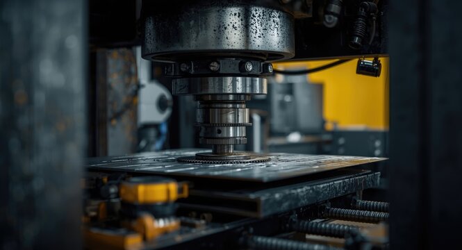 Industrial punch press working on metal parts close up