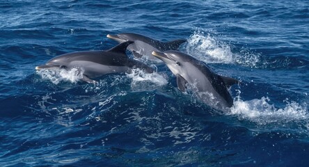 Fototapeta premium Vivacious dolphins gliding above deep sea waves with joy
