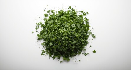 Fototapeta premium Overhead shot of dried parsley leaves chopped and piled on a white smooth backdrop with copy space
