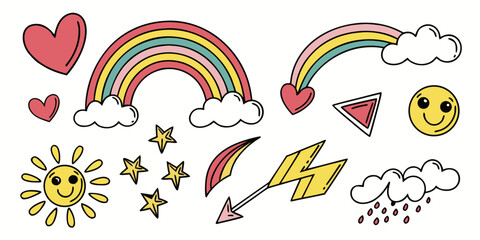 Fototapeta premium Colorful with thin black outlines of rainbow clouds hearts sun stars lightning bolt