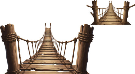 Vector illustration of a rustic wooden rope bridge with distressed planks and thick posts, isolated on a transparent background. © Design