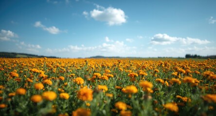 Fototapeta premium Lively green field with blooming marigold flowers dancing in the breeze