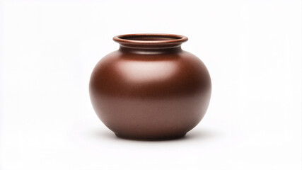 Minimalist round brown ceramic vase or jar isolated on a white background