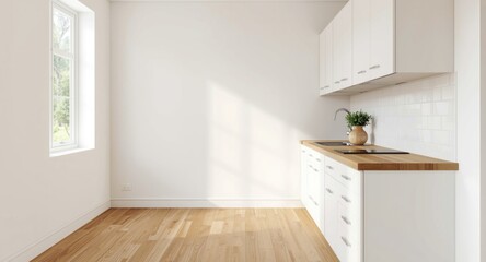 Obraz premium small kitchen with wooden floors white cabinets and solid wood worktop copy space for text