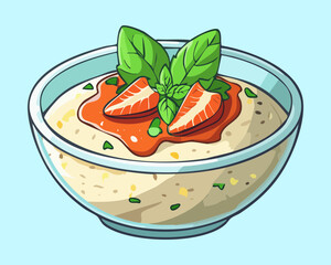 Creamy Oatmeal Porridge Bowl Topped With Fresh Sliced Strawberries And Green Mint Leaves For Breakfast - Vector Illustration © powdesign
