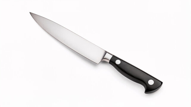 Professional stainless steel chef knife with black handle isolated on a white background