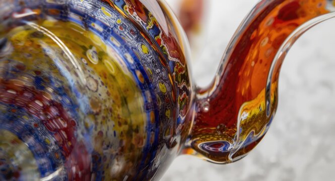 Close-up shot of vibrant swirling glass sculpture exhibiting expert glassblowing